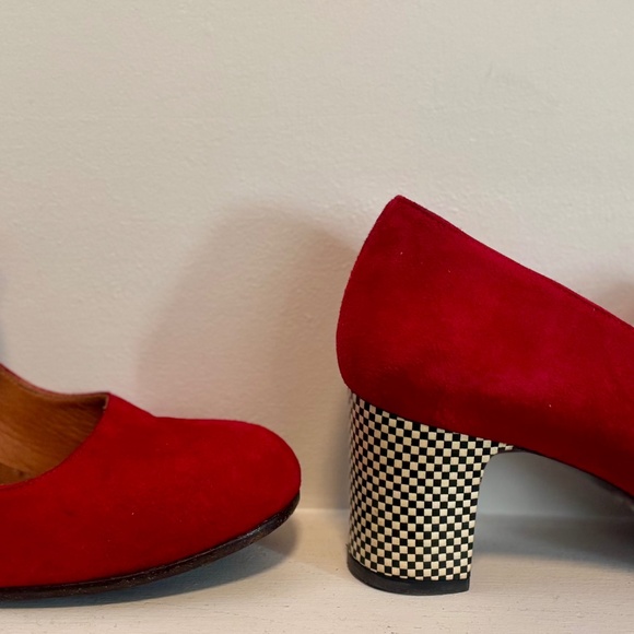 Chie Mihara Red Heels with Checkered Block Heel - Picture 1 of 5